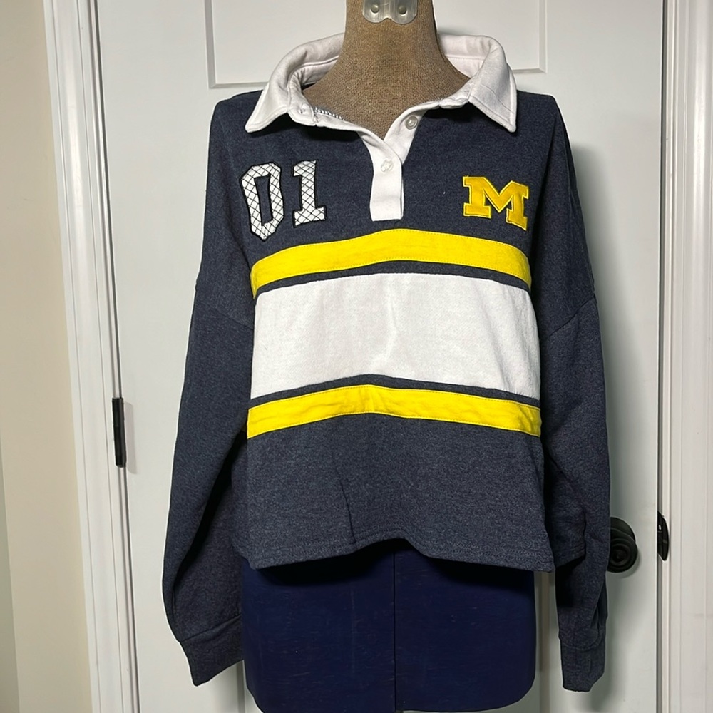 Colosseum Women’s Heather Navy Wolverines I Love My Job Rugby Shirt Size S
